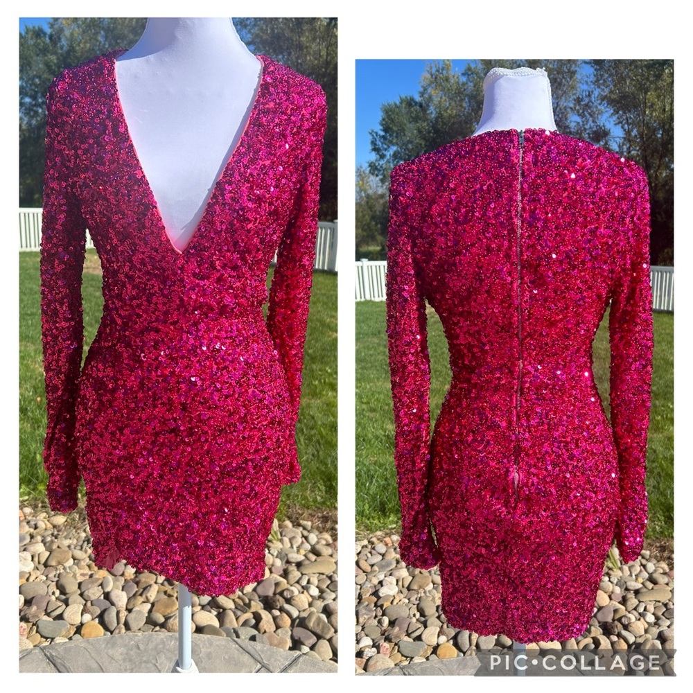 Love and Lemonade Hot Pink Raspberry Sequin Deep V Plunge Bodycon Dress NWT S